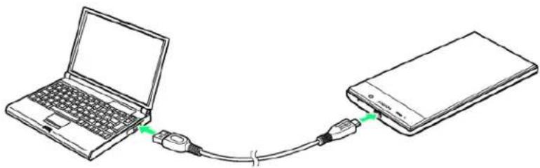 Line drawing of a laptop connected to a smartphone via USB cable (no text or symbols)