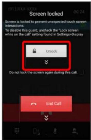 Screen locked Screen is locked to prevent unexpected touch screen interactions. To disable this guard, uncheck the "Lock screen while on the call" setting found in Settings-Display Unlock Do not lock the screen again during this call. End Call
