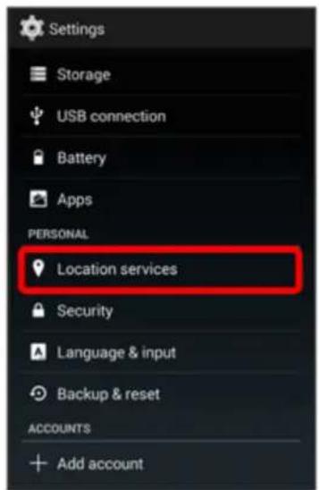 Settings Storage USB connection Battery Apps PERSONAL Location services Security Language & input Backup & reset ACCOUNTS Add account