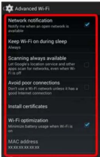Advanced Wi-Fi Network notification Notify me when an open network is available Keep Wi-Fi on during sleep Always Scanning always available Let Google's location service and other apps scan for networks, even when Wi-Fi is off Avoid poor connections Don't use a Wi-Fi network unless it has a good Int…