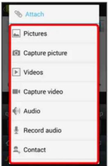 Attach Pictures Capture picture Videos Capture video Audio Record audio Contact