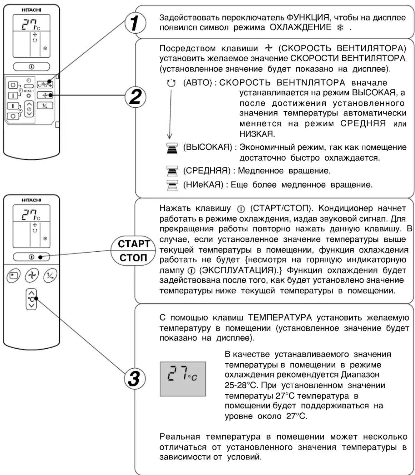 НИТАСНИ 27°C + * ① ② Задействовать переключатель ФУНКЦИЯ, чтобы на дисплее появился символ режима ОХЛАЖДЕНИЕ * Посредством клавиши + (СКОРОСТЬ ВЕНТИЛЯТОРА) установить желаемое значение СКОРОСТИ ВЕНТИЛЯТОРА (установленное значение будет показано на дисплее). (АВТО) : СКОРОСТЬ ВЕНТНЛЯТОРА вначале устанавливается на режим ВЫСОКАЯ, а после достижения установленного значения температуры автоматически меняется на режим СРЕДНЯЯ или НИЗКАЯ. (ВЫСОКАЯ) : Экономичный режим, так как помещение достаточно быстро охлаждается. (СРЕДНЯЯ) : Медленное вращение. (НИеКАЯ) : Еще более медленное вращение. НИТАСНИ 27°C + * ① ② ③ СТАРТ СТОП Нажать клавишу ① (СТАРТ/СТОП). Кондиционер начнет работать в режиме охлаждения, издав звуковой сигнап. Для прекращения работы повторно нажать данную клавишу. В случае, если установленное значение температуры выше текущей температуры в помещении, функция охлаждения работать не будет {несмотря на горящую индикаторную лампу ① (ЭКСПЛУАТАЦИЯ).} Функция охлаждения будет задействована после того, как будет установлено значение температуры ниже текущей температуры в помещении. С помощью клавиш ТЕМПЕРАТУРА установить желаемую температуру в помещении (установленное значение будет показано на дисплее). 27°C В качестве устанавливаемого значения температуры в помещении в режиме охлаждения рекомендуется Диапазон 25-28°C. При установленном значении температуры 27°C температура в помещении будет поддерживаться на уровне около 27°C. Реальная температура в помещении может несколько отличаться от установленного значения температуры в зависимости от условий.