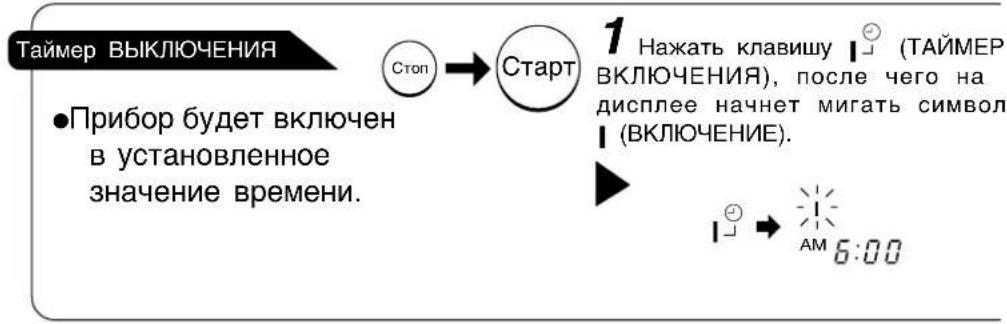 Таймер ВЫКЛЮЧЕНИЯ •Прибор будет включен в установленное значение времени. Стоп → Старт 1 Нажать клавишу | (ТАЙМЕР ВКЛЮЧЕНИЯ), после чего на дисплее начнет мигать символ | (ВКЛЮЧЕНИЕ). | → AM 6:00