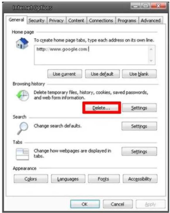 Internet Options General Security Privacy Content Connections Programs Advanced Home page To create home page tabs, type each address on its own line. http://www.google.com/ Use current Use default Use blank Browsing history Delete temporary files, history, cookies, saved passwords, and web form information. Delete... Settings Search Change search defaults. Settings Tabs Change how webpages are displayed in tabs. Settings Appearance Colors Languages Fonts Accessibility OK Cancel Apply