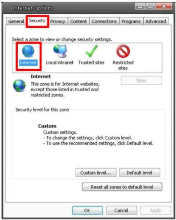 Internet Options General Security Privacy Content Connections Programs Advanced Select a zone to view or change security settings. Internet Local intranet Trusted sites Restricted sites Internet This zone is for Internet websites, except those listed in trusted and restricted zones. Security level for this zone Custom Custom settings. - To change the settings, click Custom level. - To use the recommended settings, click Default level. Custom level... Default level Reset all zones to default level OK Cancel Apply