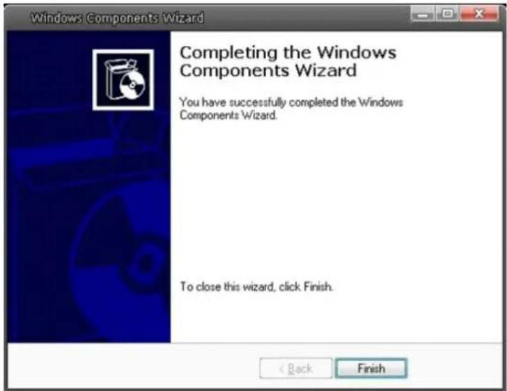 Windows Components Wizard Completing the Windows Components Wizard You have successfully completed the Windows Components Wizard. To close this wizard, click Finish.