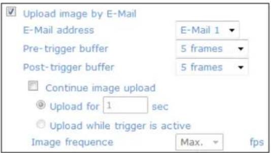 Upload image by E-Mail E-Mail address E-Mail 1 Pre-trigger buffer 5 frames Post-trigger buffer 5 frames Continue image upload Upload for 1 sec Upload while trigger is active Image frequency Max. fps