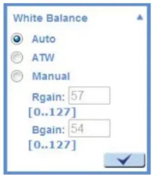 White Balance Auto ATW Manual Rgain: 57 [0..127] Bgain: 54 [0..127]