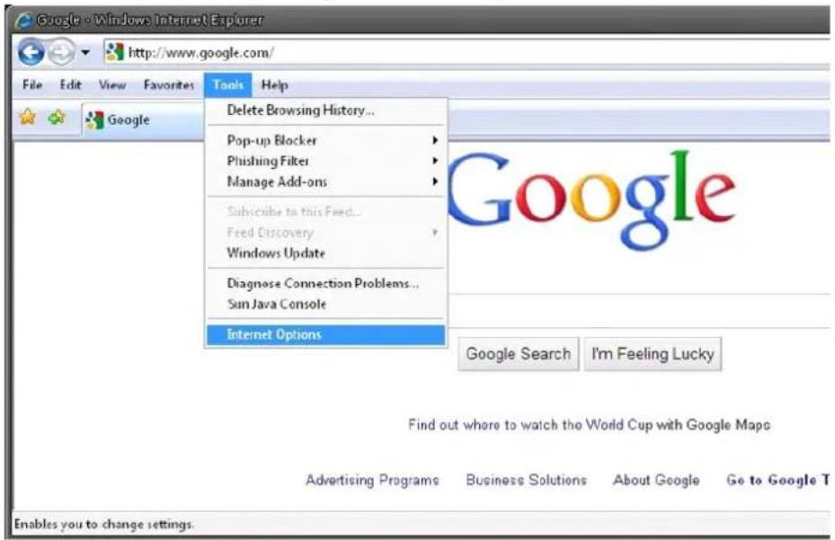 Google - Windows Internet Explorer http://www.google.com/ File Edit View Favorites Tools Help Google Delete Browsing History... Pop-up Blocker Plishing Filter Manage Add-ons Subscribe to this Feed... Feed Discovery Windows Update Diagnose Connection Problems... Sun Java Console Internet Options Google Search I'm Feeling Lucky Find out where to watch the World Cup with Google Maps Advertising Programs Business Solutions About Google Go to Google T Enables you to change settings.