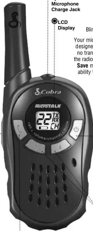 Microphone Charge Jack LCD Display Blink Your mic designed no tran the radio Save m ability t Cobra MIEFOTALK 22 TX RX 5.5 CH Call • volume/channel • mode