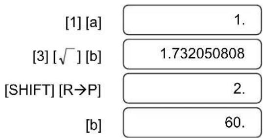 [1] [a] 1. [3] [√] [b] 1.732050808 [SHIFT] [R→P] 2. [b] 60.