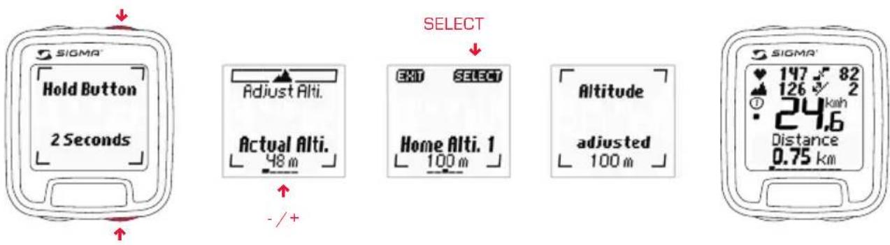 SIGMA Hold Button 2 Seconds - / + SELECT Adjust Alti. Actual Alti. 48 m EXIT SELECT Home Alti. 1 100 m Altitude adjusted 100 m SIGMA 147 82 126 2 24.6 Distance 0.75 km
