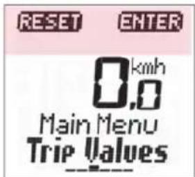 RESET ENTER 0.km/h 0.0 Main Menu Trip Values