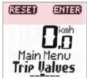 RESET ENTER 0.km/h 0.0 Main Menu Trip Values