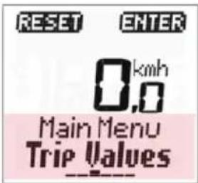 RESET ENTER 0.km/h 0,0 Main Menu Trip Values