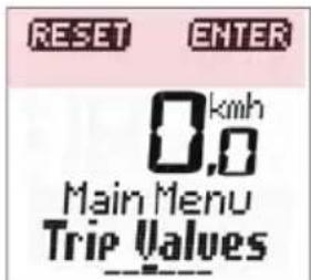 RESET ENTER 0.km/h 0.0 Main Menu Trip Values