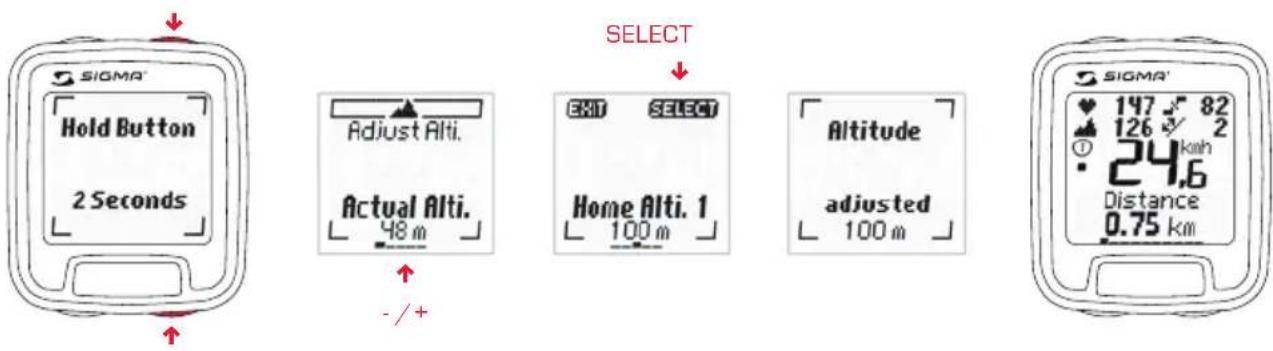SIGMA Hold Button 2 Seconds - / + SELECT Adjust Alti. Actual Alti. 48 m EXIT SELECT Home Alti. 1 100 m Altitude adjusted 100 m SIGMA' 147 82 126 2 24.6 Distance 0.75 km