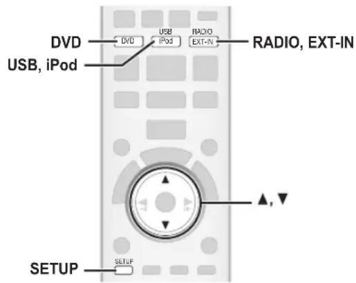 DVD USB, iPod DVD USB iPod iPod RADIO EXT-IN RADIO, EXT-IN ▲, ▼ SETUP SETUP