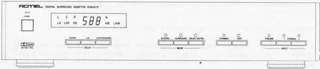 ROTEL DIGITAL SURROUND ADAPTER ROA-975 L C R 588 % LS LFE RS mS Lock DOWN UP CENTERLABING STEENO SURROUND DOLST DIGITAL DYNAMIC TEST TOLINK 1 COAKAL 2 DIGITAL DELAY MODE INPUT