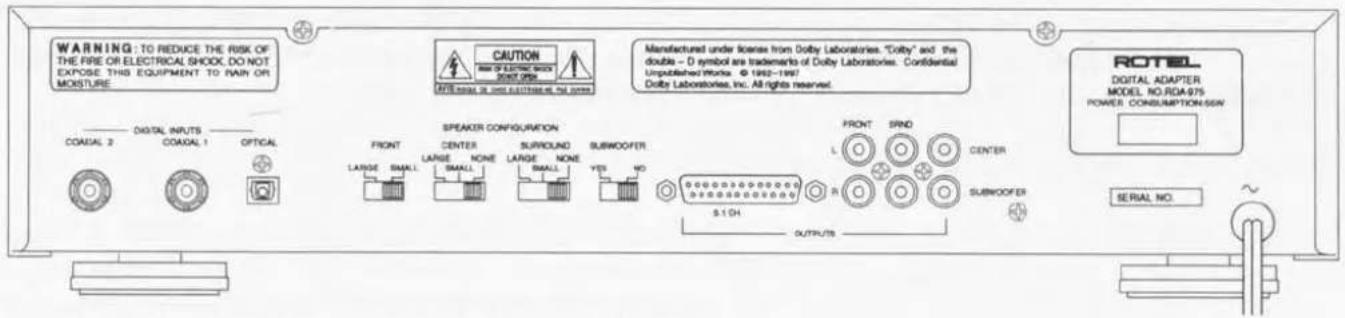 WARNING: TO REDUCE THE RISK OF THE FIRE OR ELECTRICAL SHOCK. DO NOT EXPOSE. THIS EQUIPMENT TO RAIN ON MOISTURE. COASAL 2 DIGITAL INPUTS COASAL 1 OPTICAL SPEAKER CONFIGURATION FRONT LARGE SMALL CENTER LARGE NONE SMALL SURROUND LARGE NONE SMALL SUBWOOFER YES NO 5.1 OH OUTPUTS CAUTION AIR tunnel is used outside the power. Manufactured under license from Dolby Laboratories. "Dolby" and the double - D symbol are trademarks of Dolby Laboratories. Confidential Unpublished Works. © 1892-1997/ Dolby Laboratories, Inc. All rights reserved. ROTTEL DIGITAL ADAPTER MODEL NO.RCA-975 POWER CONSUMPTION/SSW SERIAL NO.