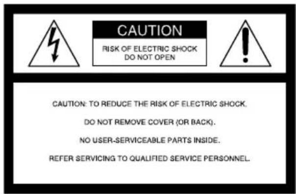 CAUTION RISK OF ELECTRIC SHOCK DO NOT OPEN CAUTION: TO REDUCE THE RISK OF ELECTRIC SHOCK. DO NOT REMOVE COVER (OR BACK). NO USER-SERVICEABLE PARTS INSIDE. REFER SERVICING TO QUALIFIED SERVICE PERSONNEL.