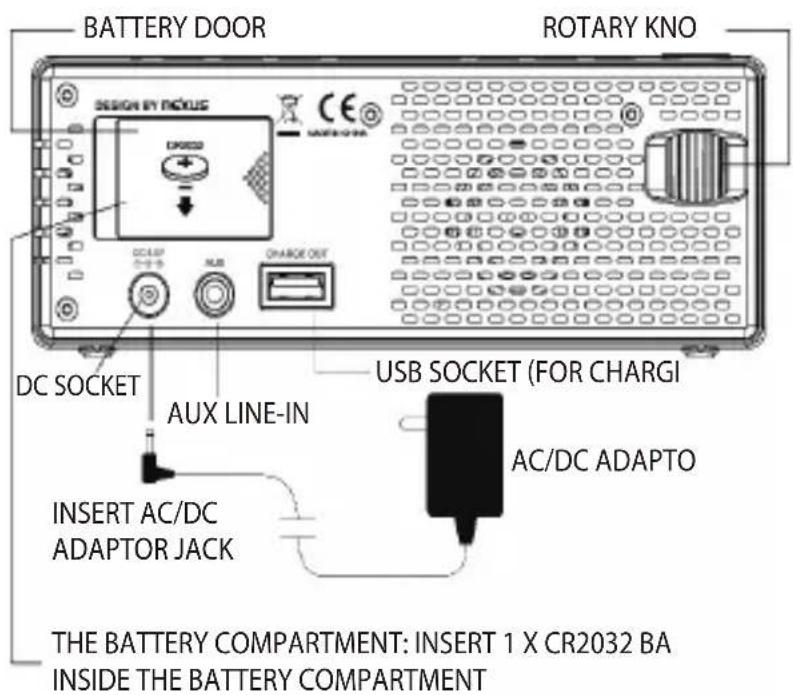 BATTERY DOOR ROTARY KNO DESIGN BY RICKLE DC SOCKET AUX LINE-IN USB SOCKET (FOR CHARGI) AC/DC ADAPTO INSERT AC/DC ADAPTOR JACK THE BATTERY COMPARTMENT: INSERT 1 X CR2032 BA INSIDE THE BATTERY COMPARTMENT