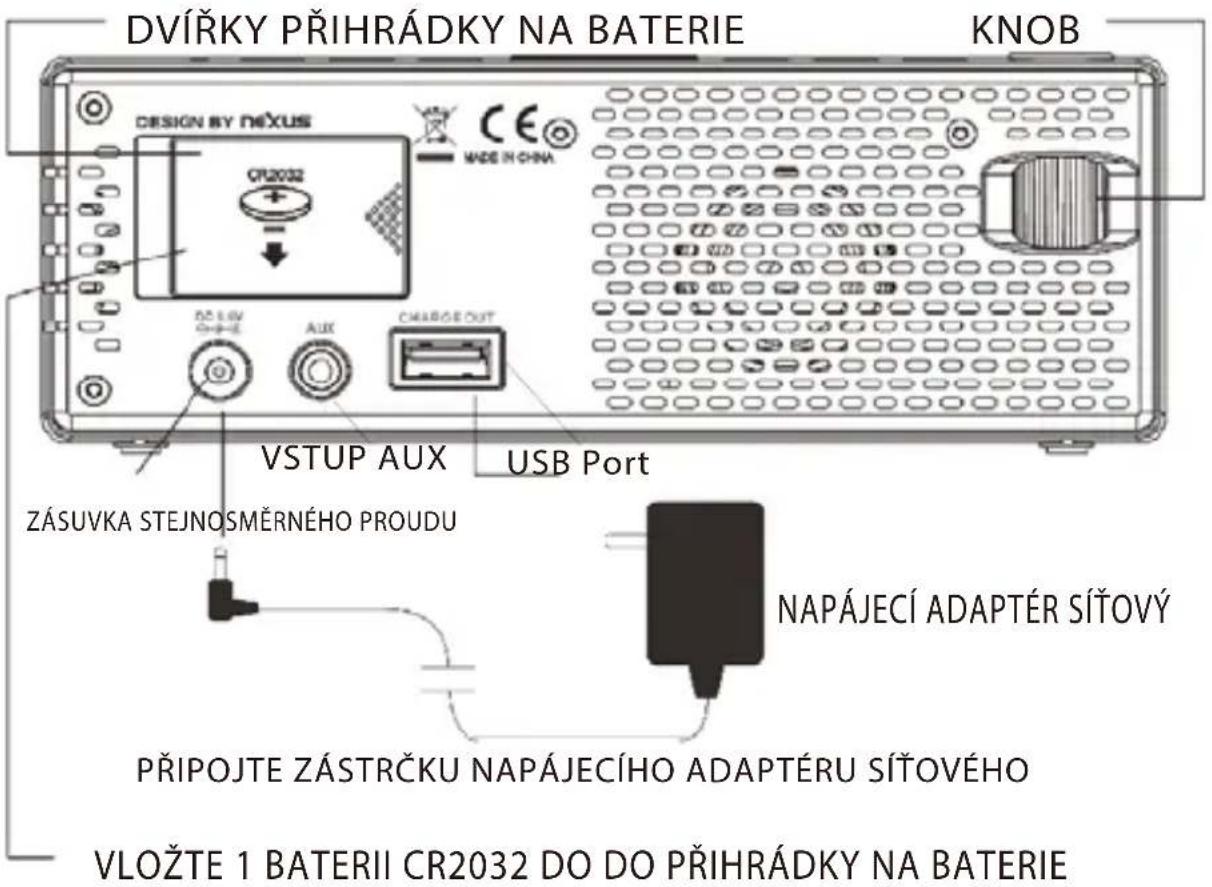 DVÍŘKY PŘIHRÁDKY NA BATERIE KNOB DESIGN BY NEXUS CE MADE IN CHINA CR2032 VSTUP AUX USB Port ZÁSUVKA STEJNOSMĚRNÉHO PROUDU NAPÁJECÍ ADAPTÉR SÍTOVÝ PRIPOJTE ZÁSTRČKU NAPÁJECÍHO ADAPTÉRU SÍTOVÉHO VLOŽTE 1 BATERII CR2032 DO DO PŘIHRÁDKY NA BATERIE