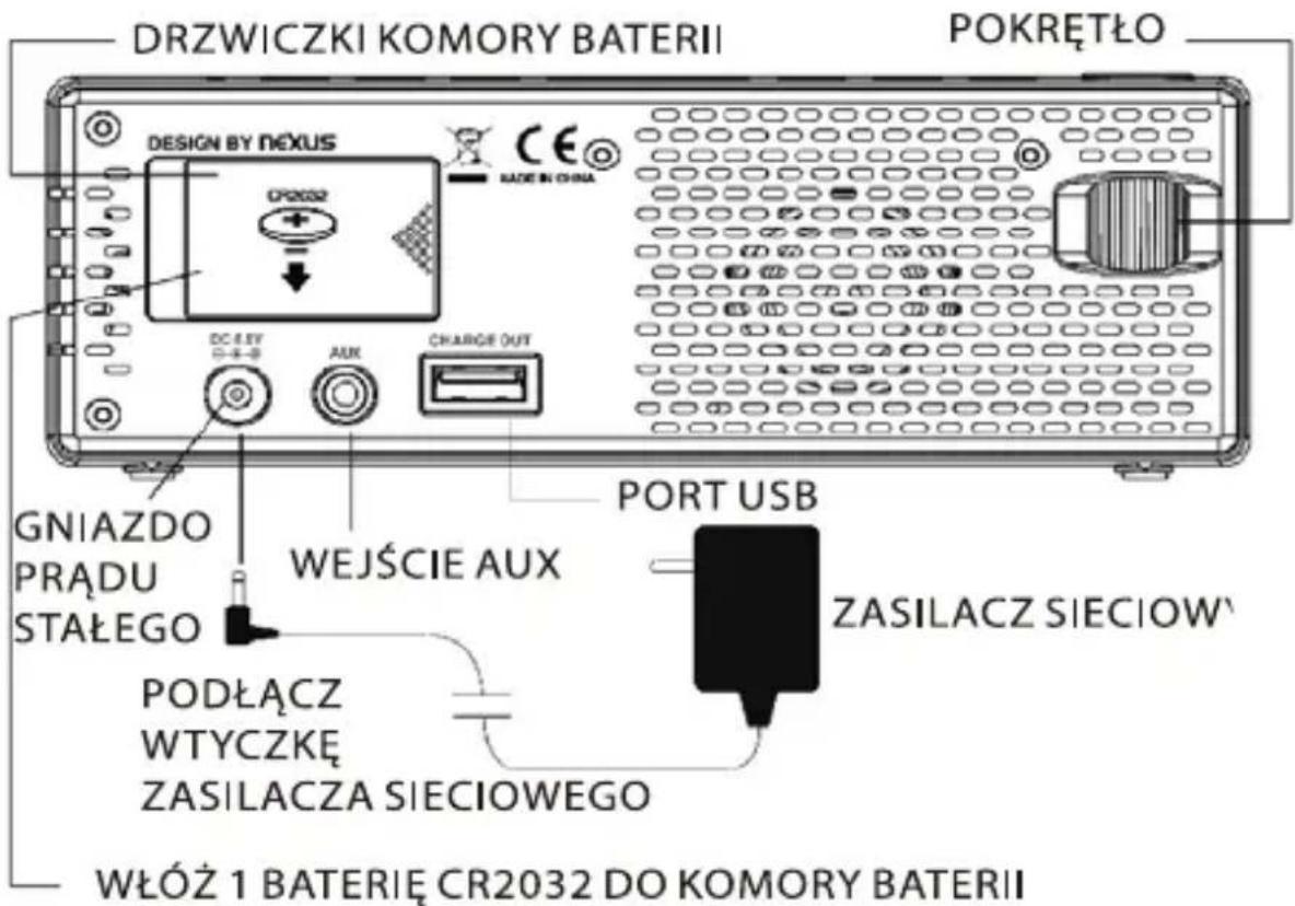DRZWICZKI KOMORY BATERII POKRETŁO DESIGN BY NEXUS CP2032 DC 4.5V 10-4-8 AUX CHARGE OUT GNIAZDO PRADU STAŁEGO WEJŚCIE AUX PORT USB ZASILACZ SIECIOW' PODŁĄCZ WTYCZKĘ ZASILACZA SIECIOWEGO WŁÓŻ 1 BATERIĘ CR2032 DO KOMORY BATERII
