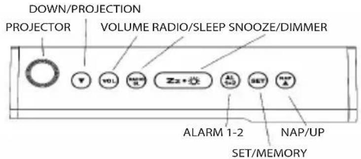 DOWN/PROJECTION PROJECTOR VOLUME RADIO/SLEEP SNOOZE/DIMMER Y VOL RACER Zx+o AL SET NAP A ALARM 1-2 NAP/UP SET/MEMORY