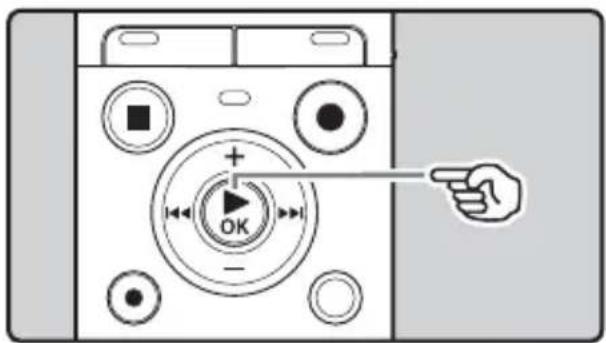 Diagram of a device control panel with labeled buttons and directional indicator, showing OK/OK/OK states and a pointing hand.