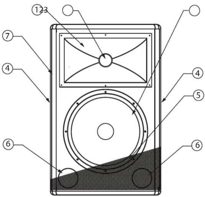 Technical diagram of a speaker with numbered components and directional arrows indicating sound flow or signal paths.