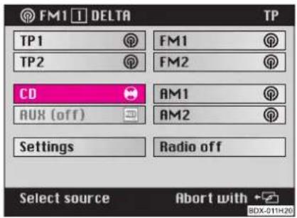 FM1 DELTA TP TP1 FM1 TP2 FM2 CD AM1 RUX (off) AM2 Settings Radio off Select source Abort with BDX-01H20