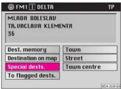 FM1 DELTA TP MLADA BOLESLAV TR.VACLAVA KLEMENTA 36 Dest. memory Destination on map Special dests. To flagged dests. Town Street Town centre BDX-022H20