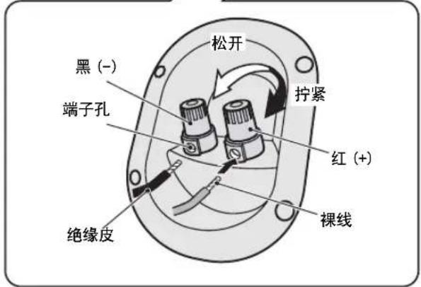 松开 黑 (-) 端子孔 拧紧 红 (+) 裸线 绝缘皮