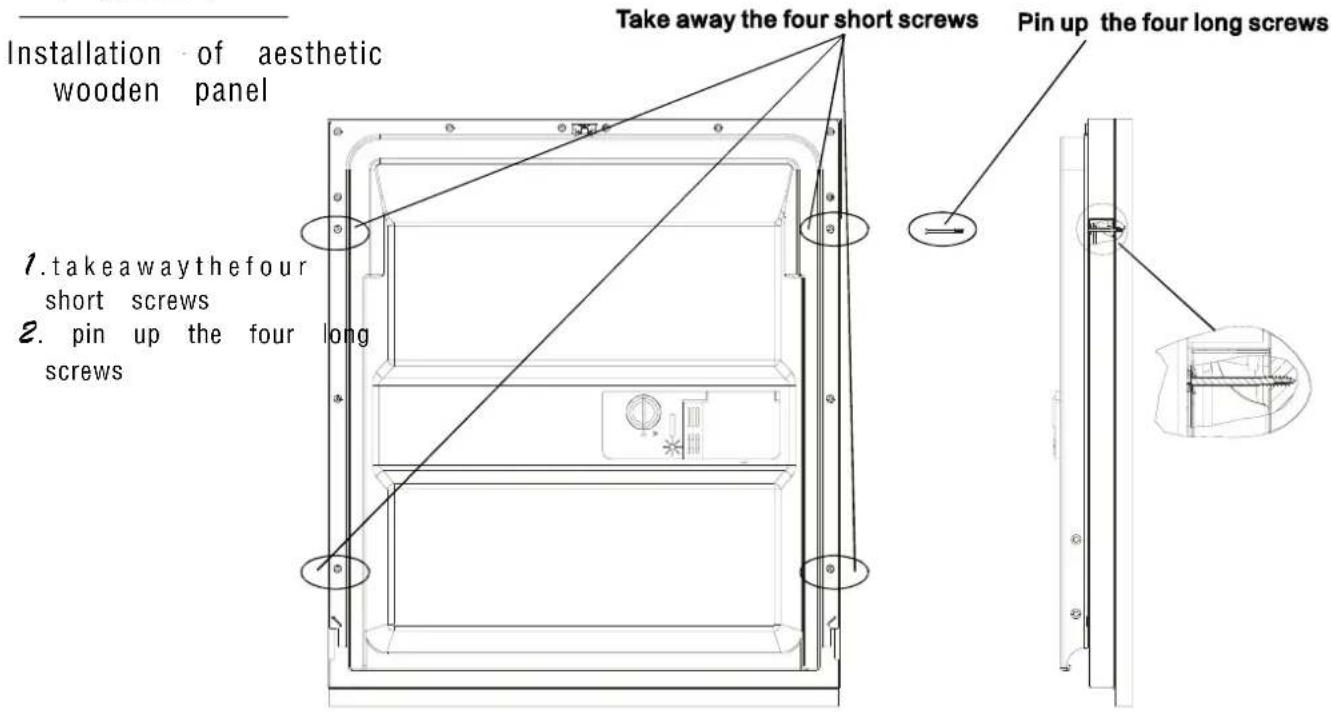 Installation of aesthetic wooden panel 1. takeaway the four short screws 2. pin up the four long screws Take away the four short screws Pin up the four long screws