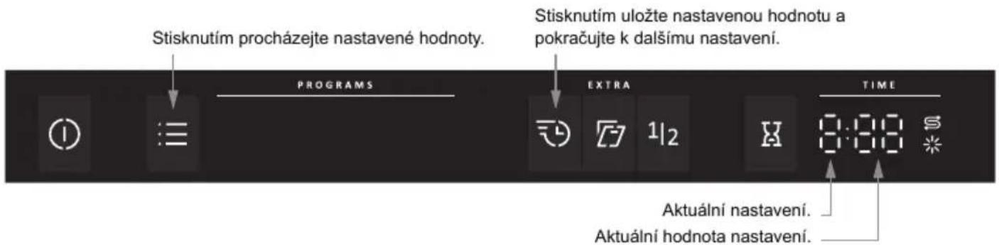 Stisknutím procházejte nastavené hodnoty. PROGRAMS Stisknutím uložte nastavenou hodnotu a pokračujte k dalšímu nastavení. EXTRA TIME Aktuální nastavení. Aktuální hodnota nastavení.