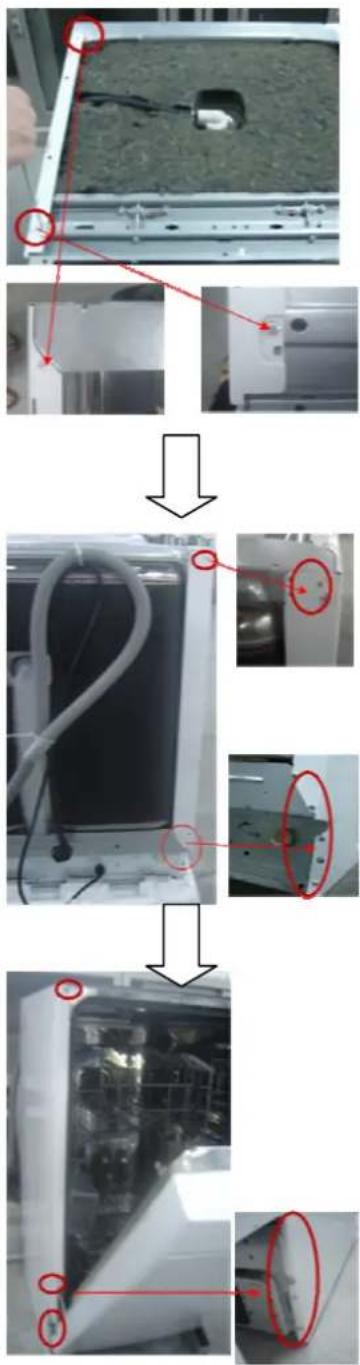 Technical diagram showing a cleaning or assembly process with labeled steps and red circles indicating specific components.