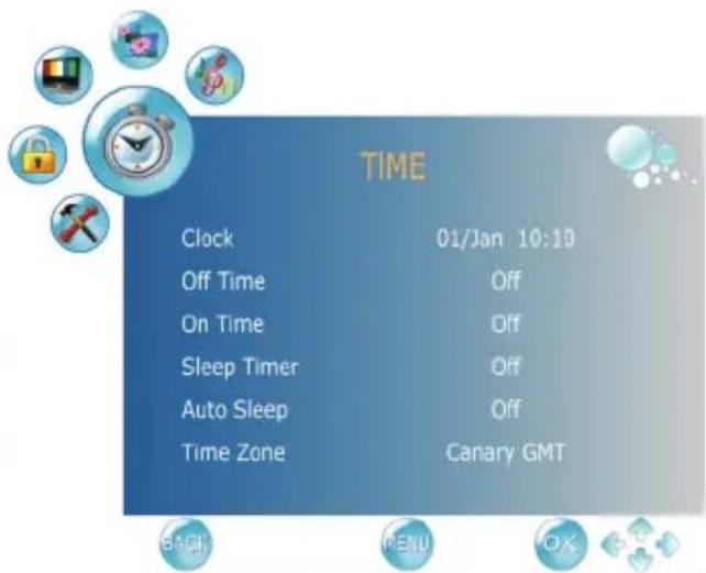 TIME Clock 01/Jan 10:10 Off Time Off On Time Off Sleep Timer Off Auto Sleep Off Time Zone Canary GMT