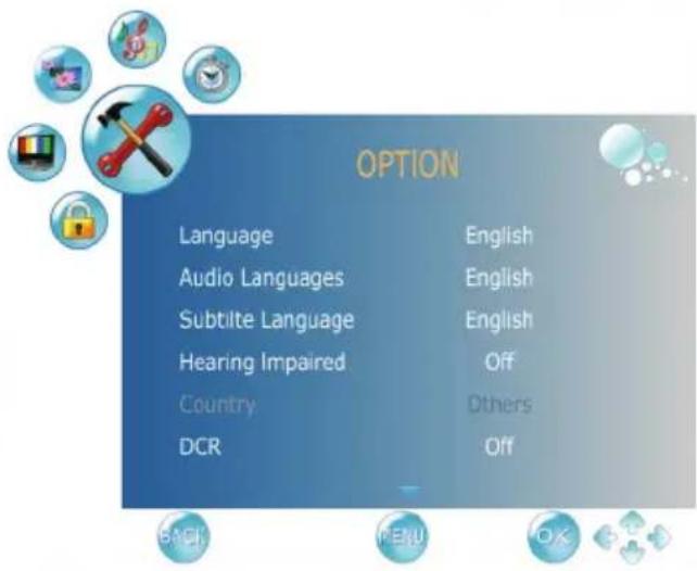 OPTION Language English Audio Languages English Subtilte Language English Hearing Impaired Off Country Dohers DCR Off