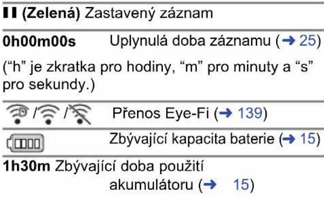 II (Zelená) Zastavený záznam 0h00m00s Uplynulá doba záznamu (→ 25) ("h" je zkratka pro hodiny, "m" pro minuty a "s" pro sekundy.) Přenos Eye-Fi (→ 139) Zbývající kapacita baterie (→ 15) 1h30m Zbývající doba použití akumulátoru (→ 15)