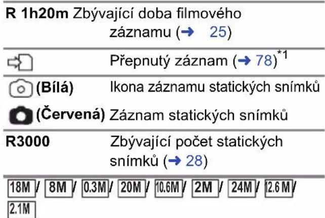 R 1h20m Zbývající doba filmového záznamu (→ 25) Přepnutý záznam (→ 78)*¹ (Bílá) Ikona záznamu statických snímku (Červená) Záznam statických snímku R3000 Zbývající počet statických snímku (→ 28) 18M / 8M / 0.3M / 20M / 10.6M / 2M / 24M / 12.6M / 2.1M