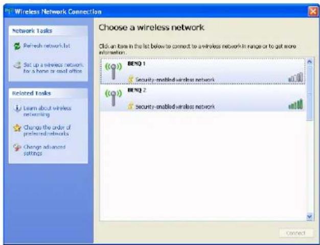 Wireless Network Connection Choose a wireless network Click an item in the list below to connect to a wireless network in range or to get more information. BENQ 1 Security-enabled wireless network BENQ 2 Security-enabled wireless network Connect