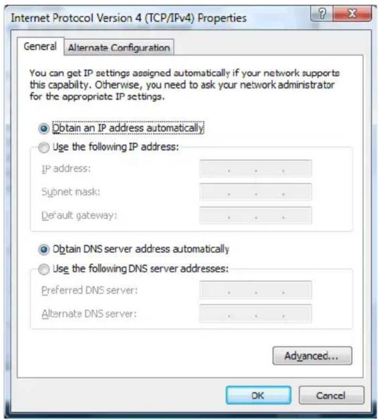 Internet Protocol Version 4 (TCP/IPv4) Properties General Alternate Configuration You can get IP settings assigned automatically if your network supports this capability. Otherwise, you need to ask your network administrator for the appropriate IP settings. Obtain an IP address automatically Use the following IP address: IP address: . Subnet mask: . Default gateway: . Obtain DNS server address automatically Use the following DNS server addresses: Preferred DNS server: . Alternate DNS server: . Advanced... OK Cancel