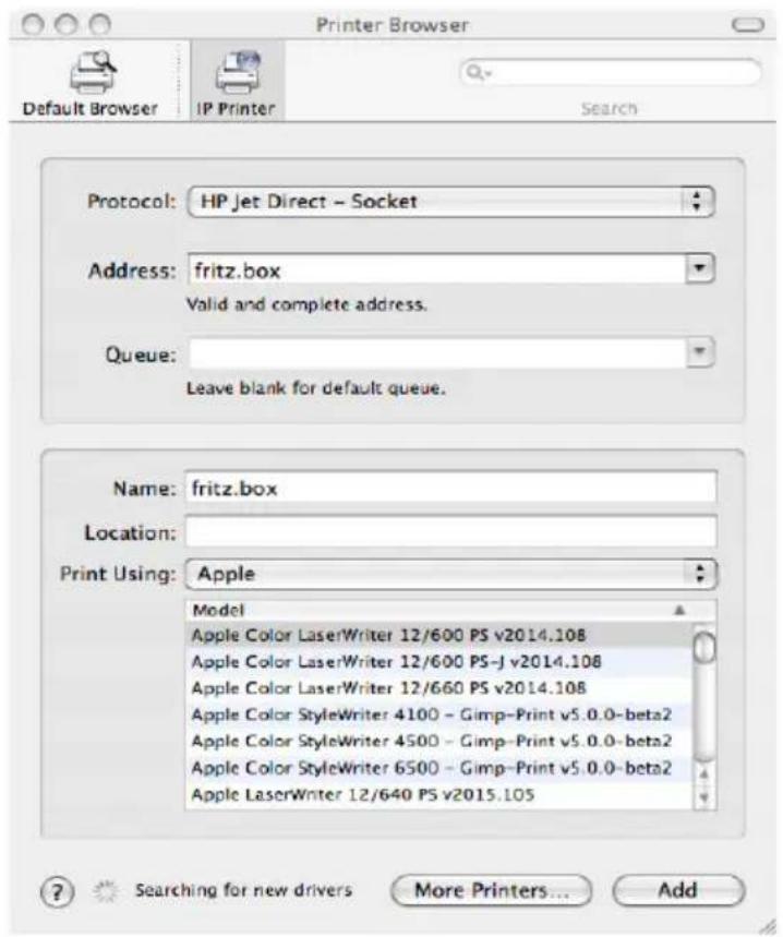Printer Browser Default Browser IP Printer Search Protocol: HP Jet Direct - Socket Address: fritz.box Valid and complete address. Queue: Leave blank for default queue. Name: fritz.box Location: Print Using: Apple Model Apple Color LaserWriter 12/600 PS v2014.108 Apple Color LaserWriter 12/600 PS-J v2014.108 Apple Color LaserWriter 12/660 PS v2014.108 Apple Color StyleWriter 4100 - Gimp-Print v5.0.0-beta2 Apple Color StyleWriter 4500 - Gimp-Print v5.0.0-beta2 Apple Color StyleWriter 6500 - Gimp-Print v5.0.0-beta2 Apple LaserWriter 12/640 PS v2015.105 ? Searching for new drivers More Printers... Add