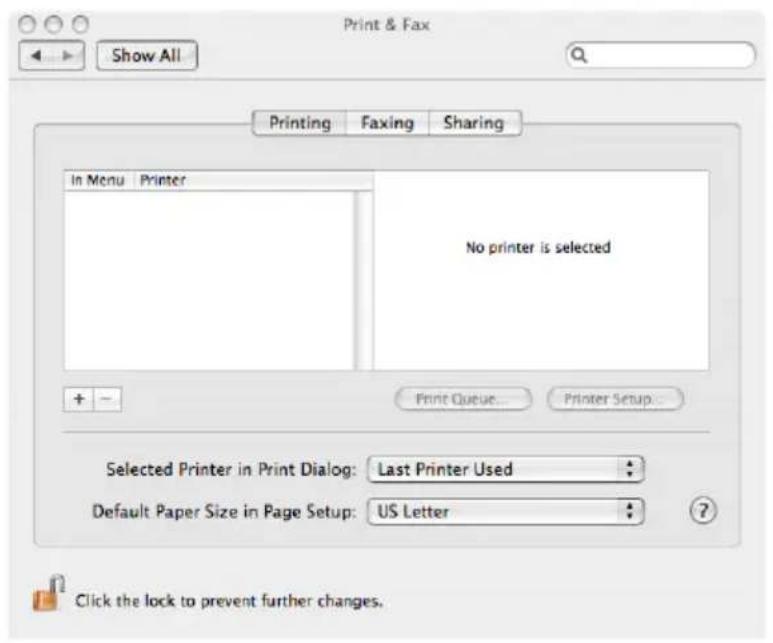 Print & Fax Show All Printing Faxing Sharing In Menu Printer No printer is selected + - Print Queue... Printer Setup... Selected Printer in Print Dialog: Last Printer Used Default Paper Size in Page Setup: US Letter Click the lock to prevent further changes.