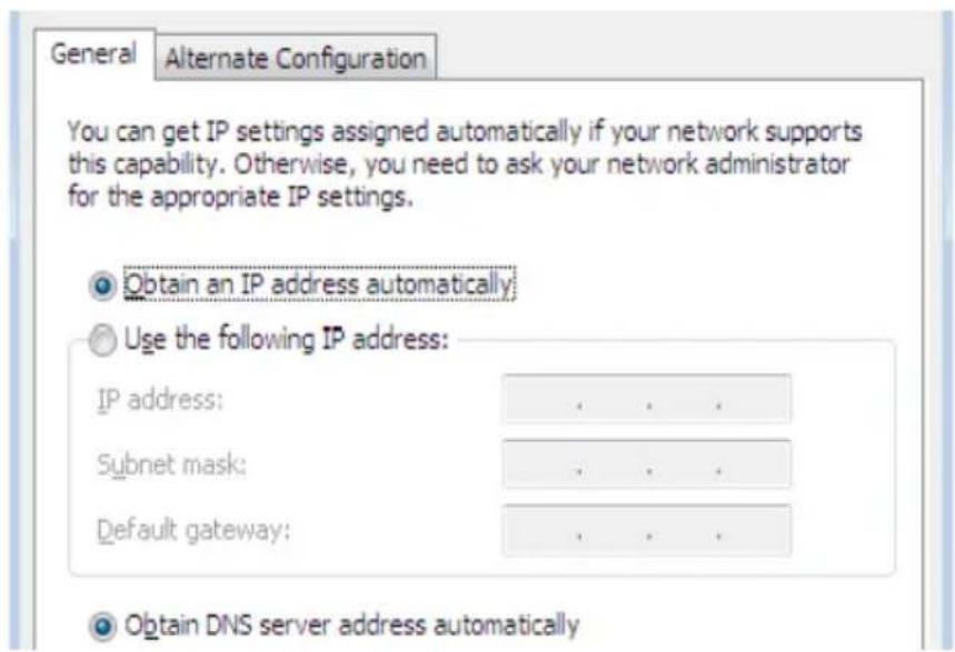 General Alternate Configuration You can get IP settings assigned automatically if your network supports this capability. Otherwise, you need to ask your network administrator for the appropriate IP settings. Obtain an IP address automatically Use the following IP address: IP address: .... Subnet mask: .... Default gateway: .... Obtain DNS server address automatically