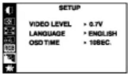 SETUP VIDEO LEVEL > 0.7V LANGUAGE > ENGLISH OSO TIME > 108EC.