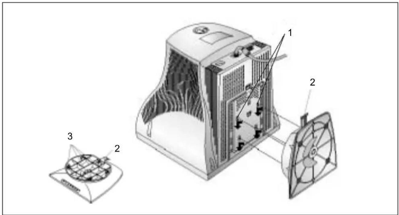 Technical diagram of a computer tower with labeled components including fan, fan blade, and cover case