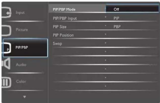 Input Picture PIP/PBP Audio Color PIP/PBP Mode Off PIP/PBP Input PIP PIP Size PBP PIP Position Swap ...