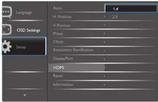 Language OSD Settings Setup Auto 1.4 H. Position 2.0 V. Position Phase Clock Resolution Notification DisplayPort HDMI Reset Information